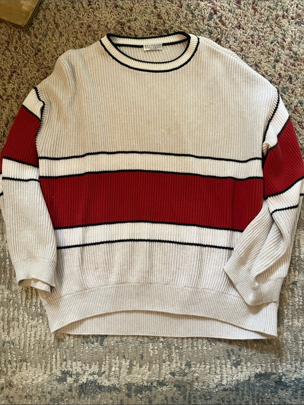 Brunello Cucinelli Oatmeal Crewneck Sweater with Red Stripe and Black Trim
